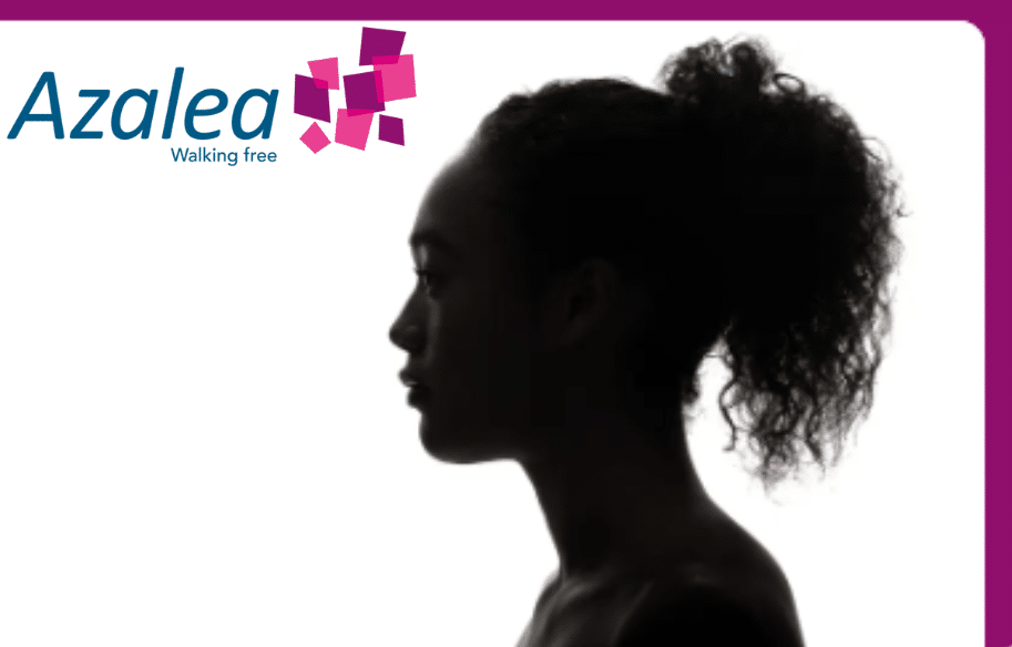 Silhouette of a woman in profile facing left, with curly hair pulled back. The Azalea logo, tagline “Walking free,” and Ready2Lead? appear in the top left corner on a white background with a purple border above.