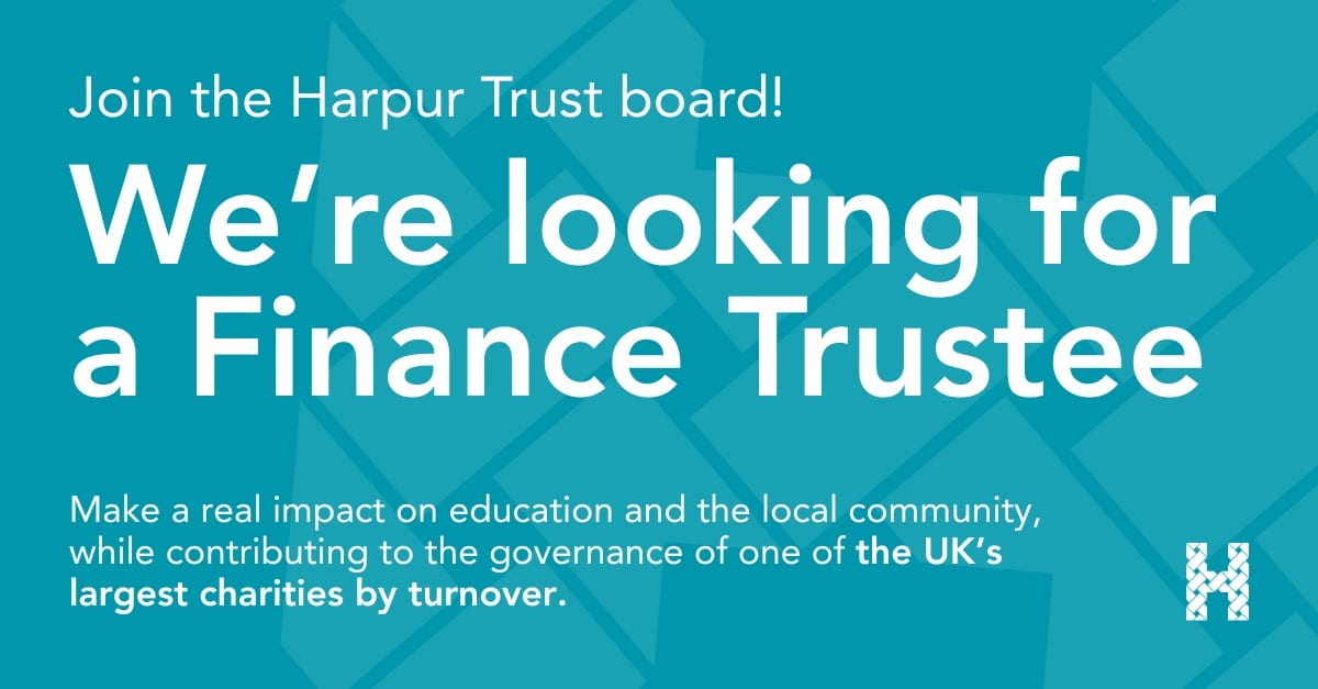 A blue and white sign featuring the Harpur Trust logo.