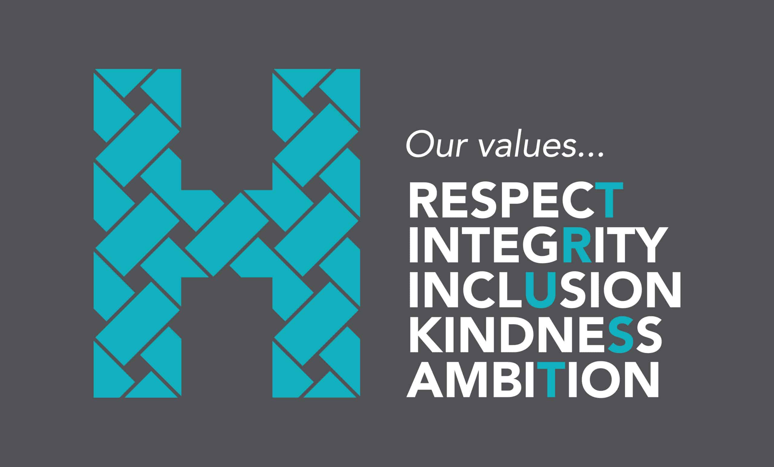 A woven blue H beside the text Our values... RESPECT, INTEGRITY, INCLUSION, KINDNESS, AMBITION with certain letters highlighted to spell TRUST vertically. Background is dark grey.