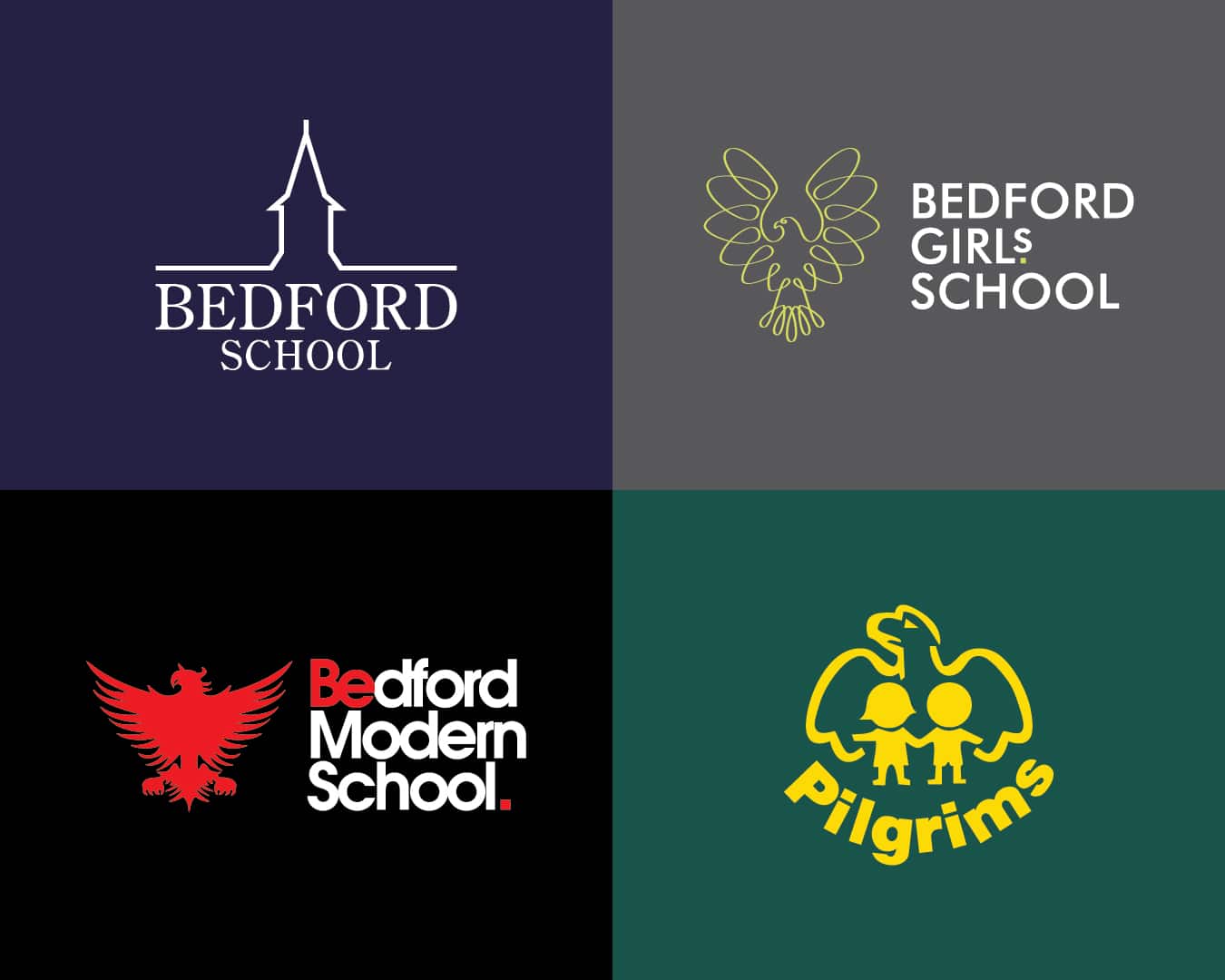 Four school logos: Bedford School with a chapel outline, Bedford Girls’ School with a line-art bird, Bedford Modern School with a red eagle, and Pilgrims with a yellow bird and two children—each representing the distinctive character of these leading independent schools.