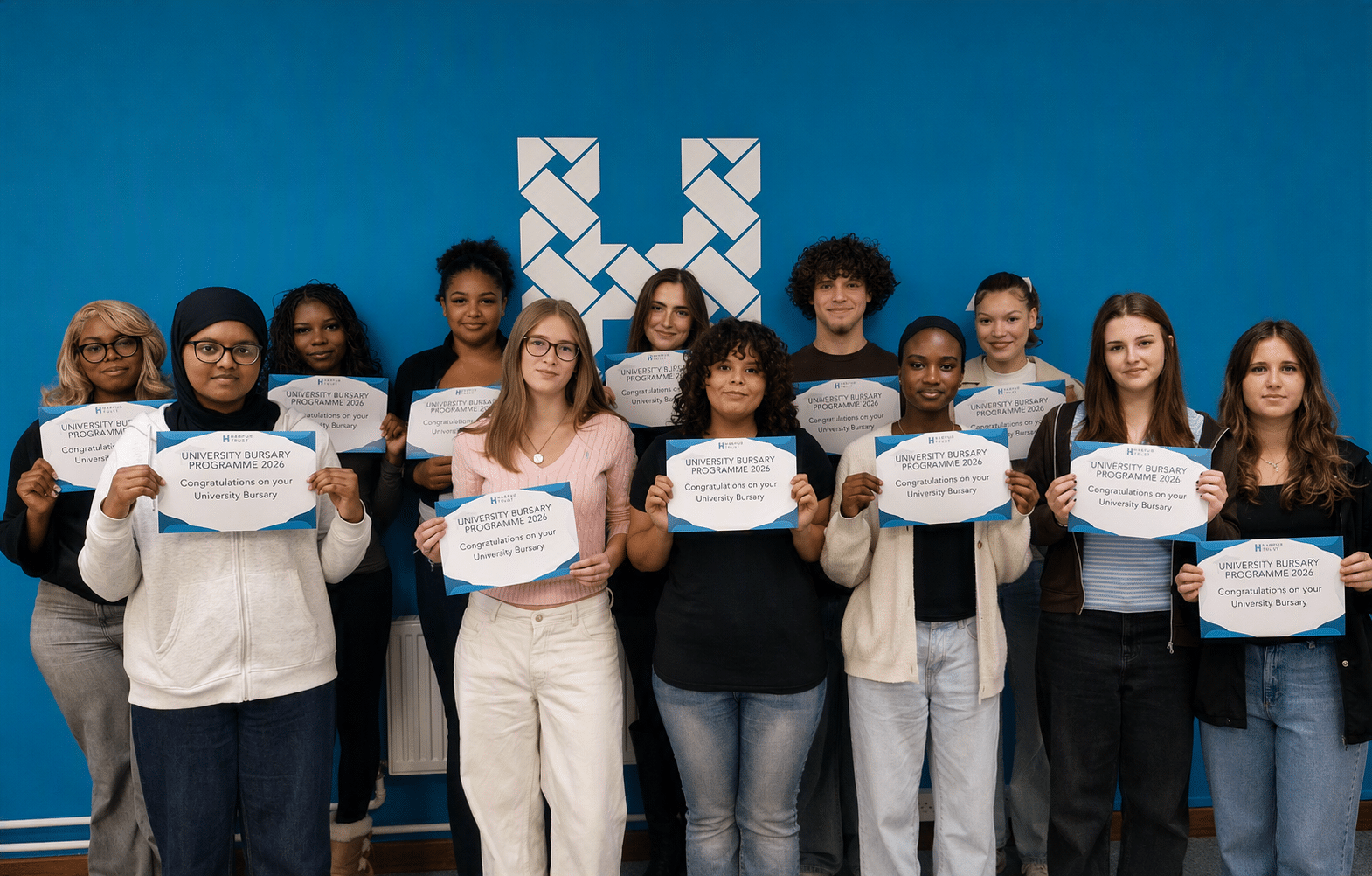 A diverse group of students stands in front of a blue wall holding certificates that say Congratulations on your Discovery Bursary. They are smiling, and a geometric white logo is on the wall behind them.